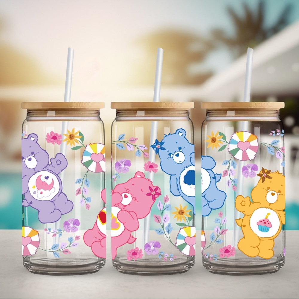 Care Bears 16 oz glass tumbler with bamboo lid & straw